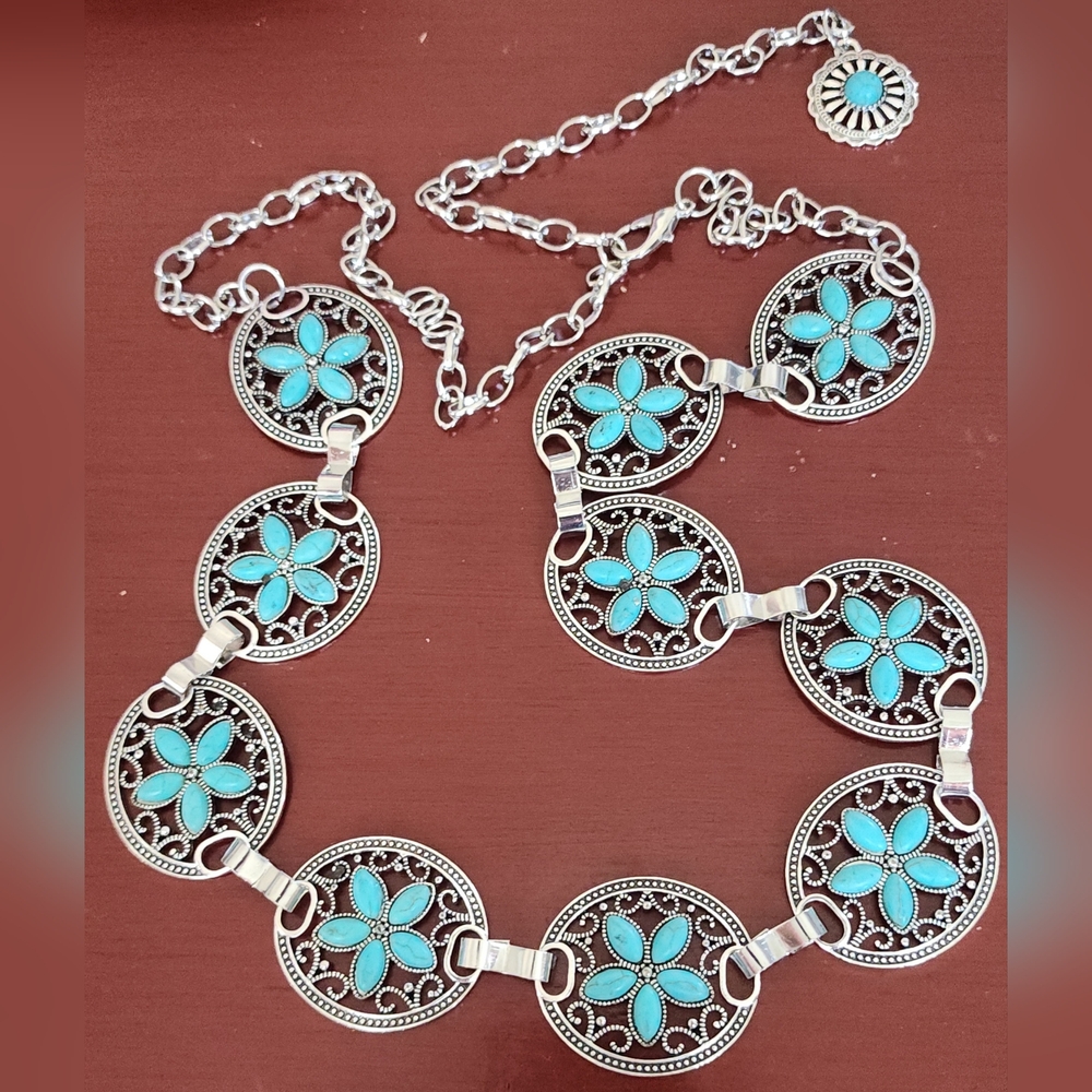 New 36-43" Turquoise Chain concho country western Adjustable Belt Or Necklace